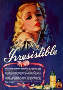 Irresistible Cosmetics advert, 1939. Artwork by Zoe Mozert.
